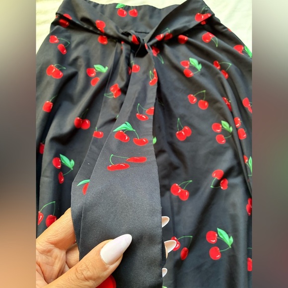 Belle Poque Cherry Print A-Line Midi Skirt w/ Tie Waist Black M— Pin-up Style - Picture 7 of 10